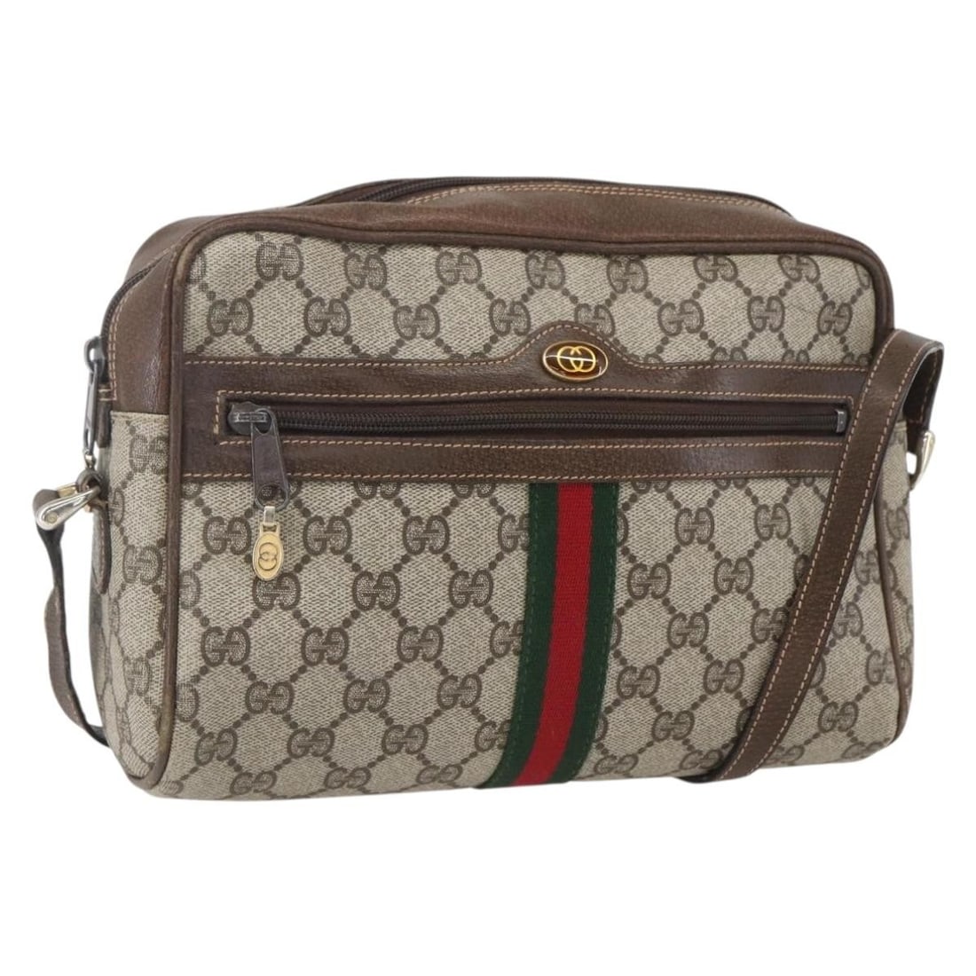 Beige GG Supreme Web Sherry Line Shoulder Bag by Gucci 010 378: Beige GG Supreme Web Sherry Line Shoulder Bag by Gucci 010 378 This is a Gucci GG Supreme Web Sherry Line shoulder bag crafted from beige PVC leather and GG canvas. Made in Italy, the bag features a m