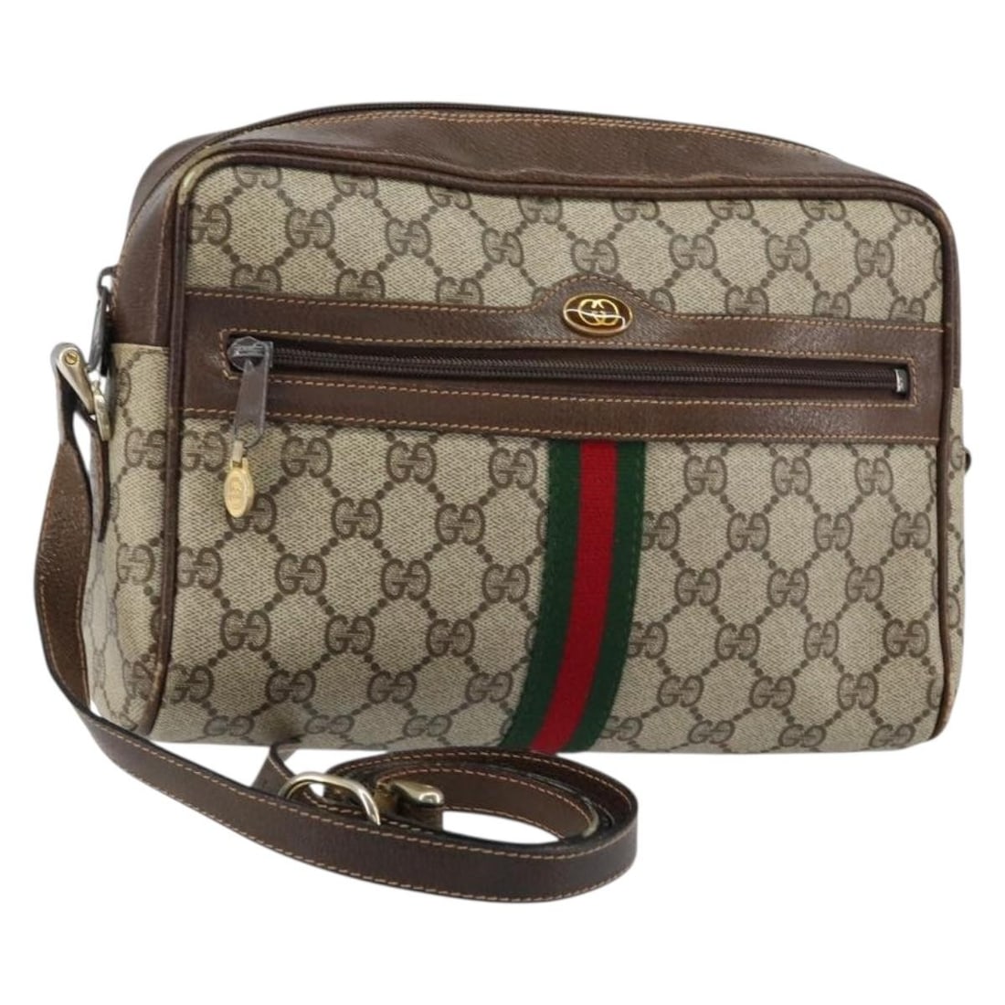 GUCCI GG Supreme Sherry Line Shoulder Bag Beige Gold PVC 010 378 Auth: GUCCI GG Supreme Sherry Line Shoulder Bag Beige Gold PVC 010 378 Auth This authentic GUCCI GG Supreme Web Sherry Line Shoulder Bag combines style and sophistication, crafted from durable PVC leather i