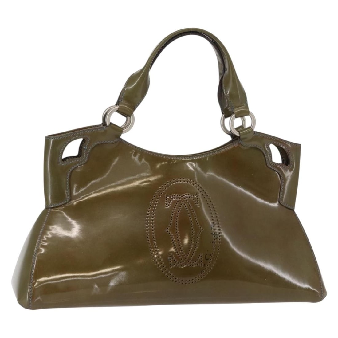 CARTIER Khaki Silver Patent Leather Hand Bag Auth 151787: CARTIER Khaki Silver Patent Leather Hand Bag Auth 151787 This exquisite Cartier Hand Bag showcases a stylish blend of khaki and silver in premium patent leather. Crafted in Italy, this handbag feature