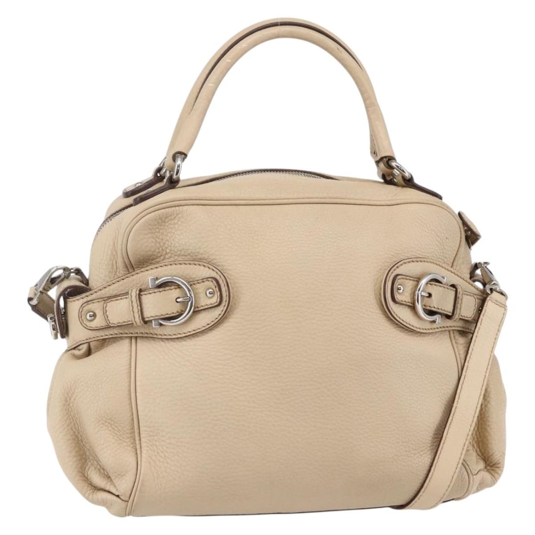 Salvatore Ferragamo Gancini Beige Silver Leather Hand Bag 2way: Salvatore Ferragamo Gancini Beige Silver Leather Hand Bag 2way This authentic Salvatore Ferragamo Gancini Hand Bag is a stylish accessory crafted from quality leather in an elegant beige and silver co