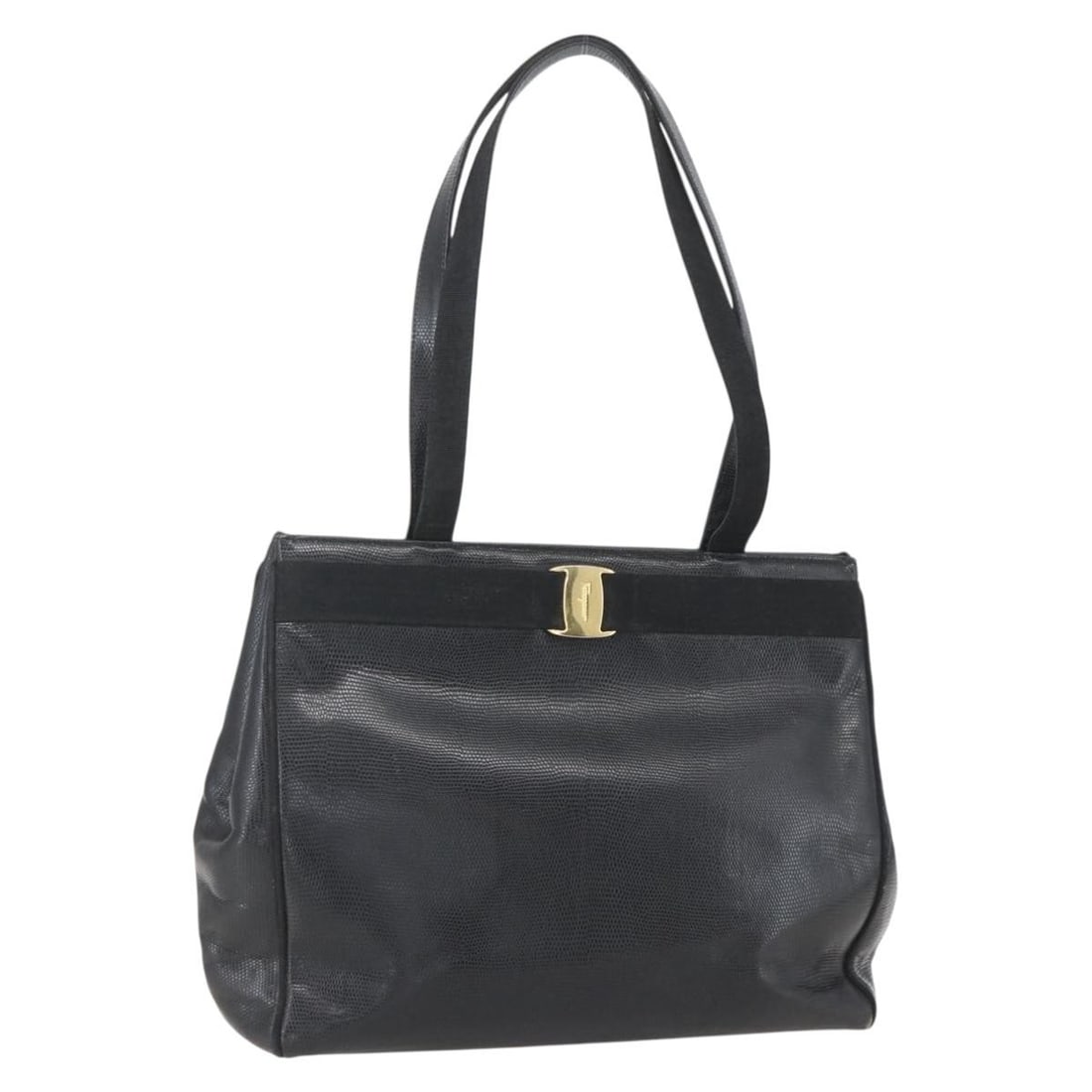 Black Leather Vala Tote by Salvatore Ferragamo Gold Accents Italy (1 of 18)