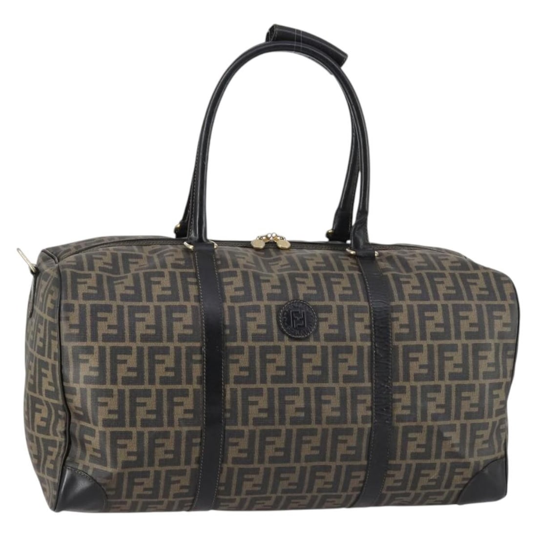 FENDI Zucca Canvas Boston Bag PVC Black Brown Gold Italy Auth: FENDI Zucca Canvas Boston Bag PVC Black Brown Gold Italy Auth This stylish FENDI Boston Bag showcases a luxurious combination of black, brown, and gold colors in its PVC leather and Zucca canvas exter
