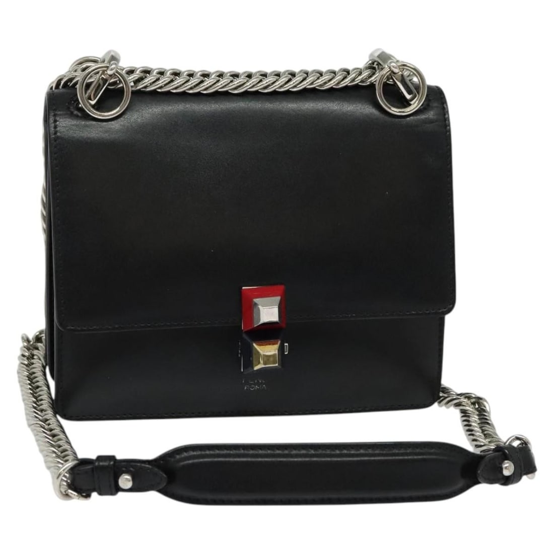 FENDI Canai Chain Leather Shoulder Bag Black Silver Made in Italy (1 of 18)