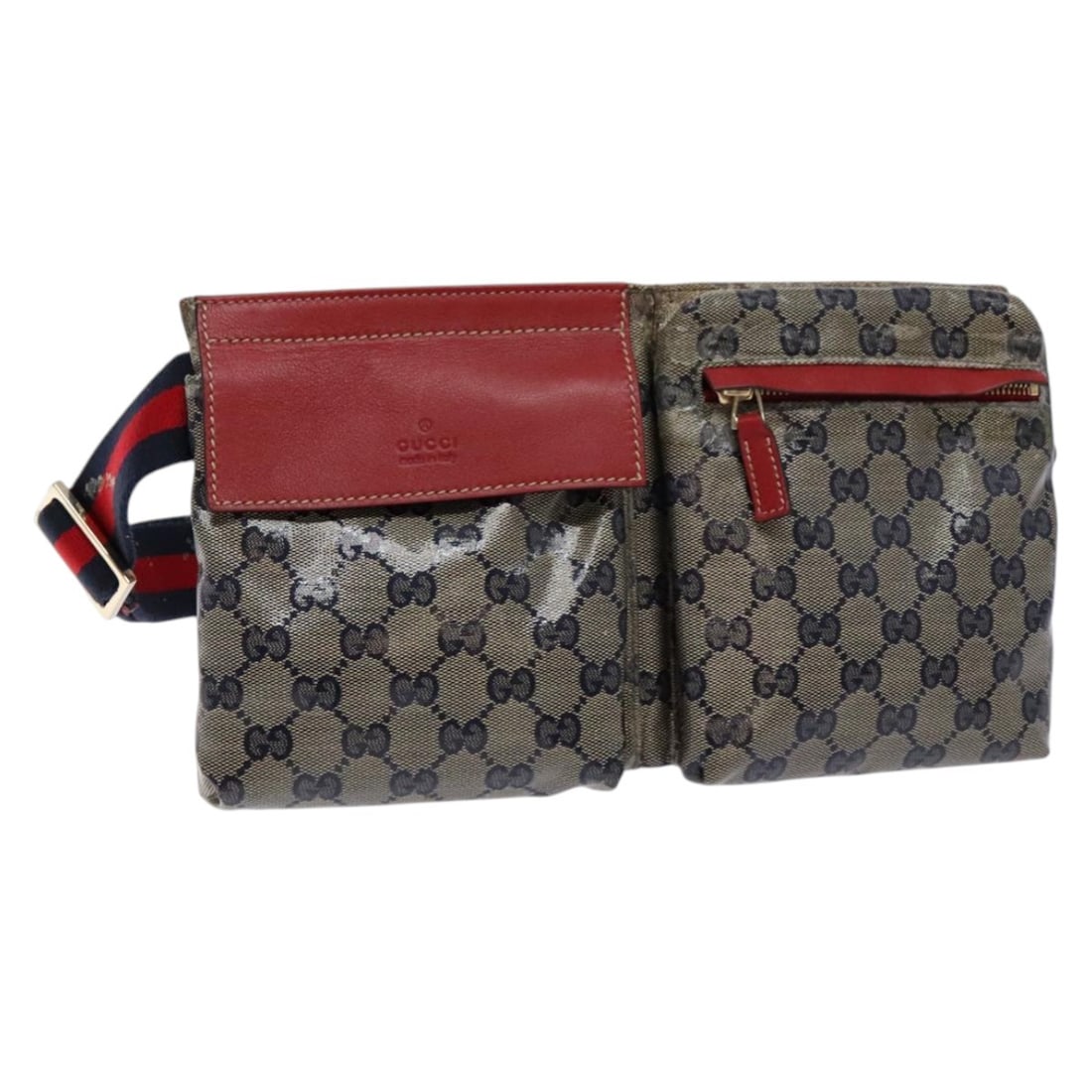 GUCCI GG Crystal Sherry Waist Bag Gold Red Navy 28566 Authentic: GUCCI GG Crystal Sherry Waist Bag Gold Red Navy 28566 Authentic Presenting the GUCCI GG Crystal Sherry Line Waist Bag, a stylish accessory crafted from durable GG Canvas. This waist bag showcases a st