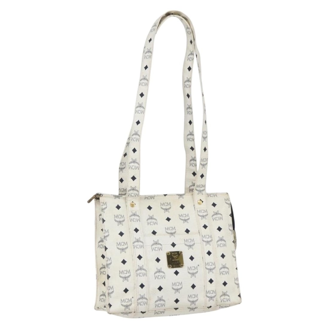 White and Gold MCM Vicetos Shoulder Bag in PVC Leather from Germany: White and Gold MCM Vicetos Shoulder Bag in PVC Leather from Germany This MCM Vicetos Logogram shoulder bag is crafted from PVC leather in a white and gold color scheme. The bag features a printed logo