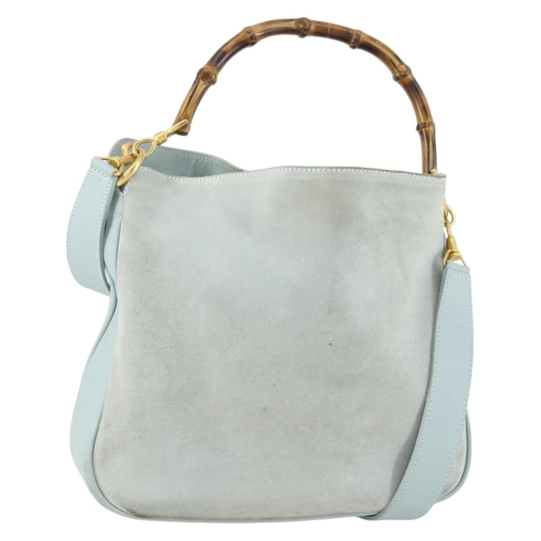 Gucci Bamboo Light Blue Suede 2 Way Handbag With Gold Hardware and Strap: Gucci Bamboo Light Blue Suede 2 Way Handbag With Gold Hardware and Strap This is a Gucci Bamboo 2-way handbag crafted from light blue suede with gold accents. Made in Italy, it features both a shoulde