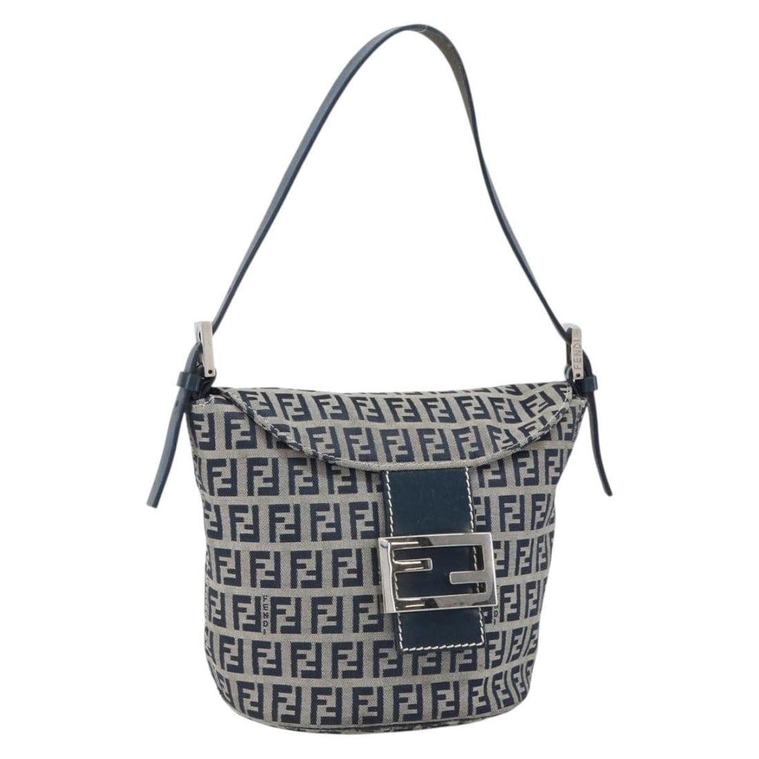 Fendi Navy Zucchino Canvas Mamma Baguette Shoulder Bag Silver Accents: Fendi Navy Zucchino Canvas Mamma Baguette Shoulder Bag Silver Accents This FENDI Mamma Baguette handbag features the iconic Zucchino canvas in navy and silver tones. Crafted in Italy, it offers a comp