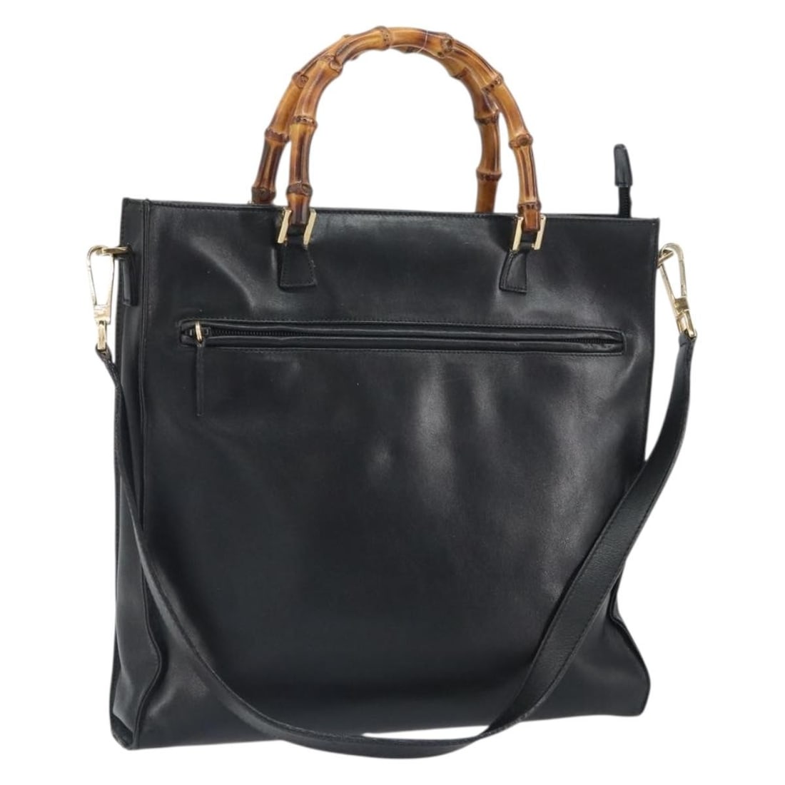 Black Leather Gucci Bamboo 2way Handbag with Gold Accents and Shoulder Strap: Black Leather Gucci Bamboo 2way Handbag with Gold Accents and Shoulder Strap This is a GUCCI Bamboo 2-way handbag crafted in black leather with gold-tone accents. The bag features both top handles and