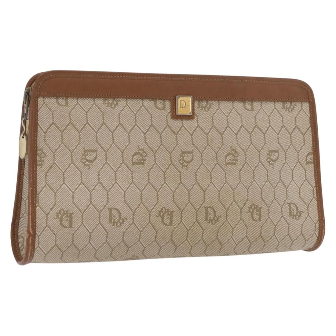 Beige Honeycomb Pattern PVC Clutch with Gold Accents by Christian Dior: Beige Honeycomb Pattern PVC Clutch with Gold Accents by Christian Dior This Christian Dior clutch bag features signature honeycomb canvas with PVC leather accents in a beige and gold color palette. Ma