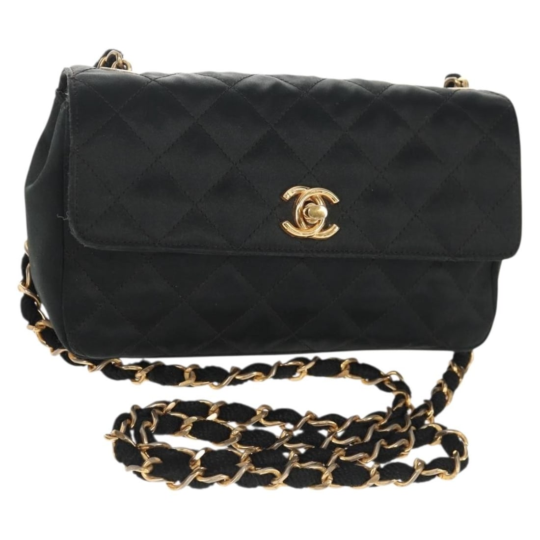 CHANEL Black Satin Matelasse Shoulder Bag Gold CC Auth 142989V: CHANEL Black Satin Matelasse Shoulder Bag Gold CC Auth 142989V This CHANEL Matelasse Chain Shoulder Bag showcases a timeless design crafted in luxurious black satin with gold accents. The exterior fea