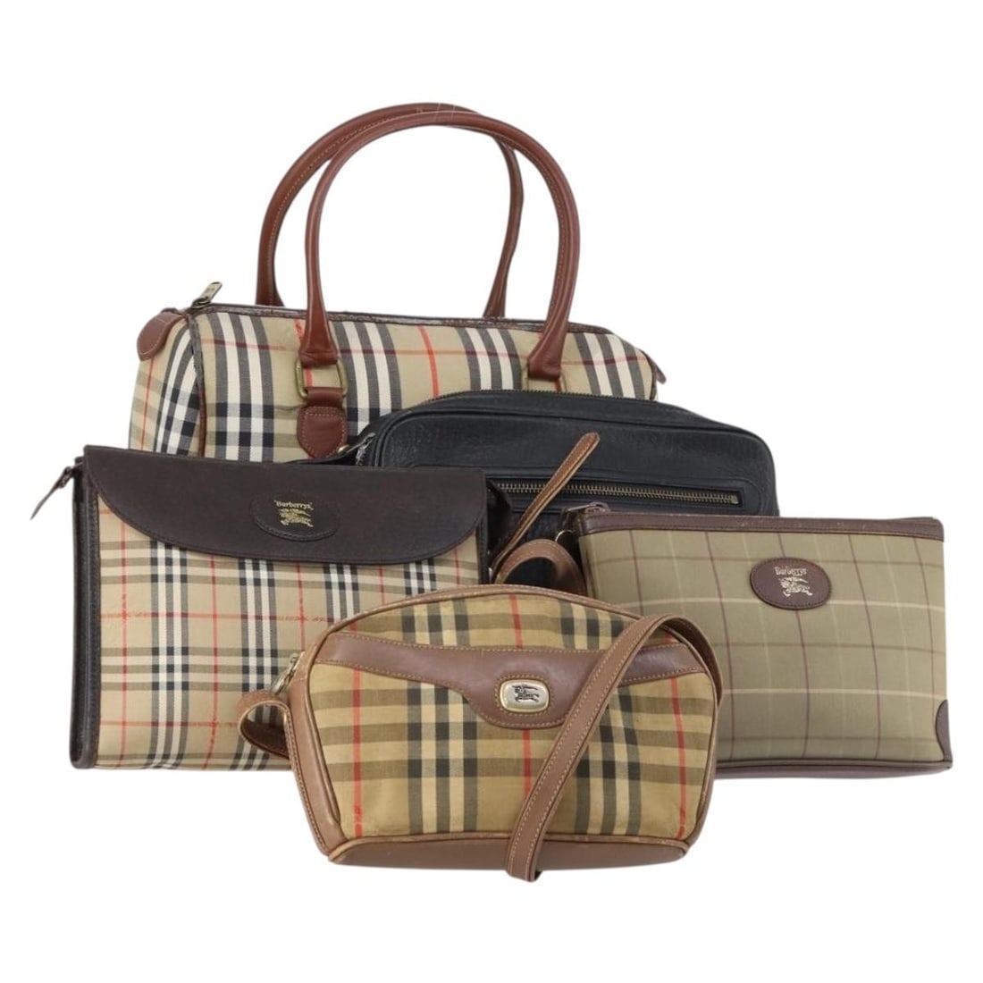Set of 5 Burberrys Nova Check Canvas and Leather Shoulder Bags Beige Black: Set of 5 Burberrys Nova Check Canvas and Leather Shoulder Bags Beige Black This Burberrys Nova Check shoulder bag set includes five pieces crafted from beige and black canvas with leather accents. The