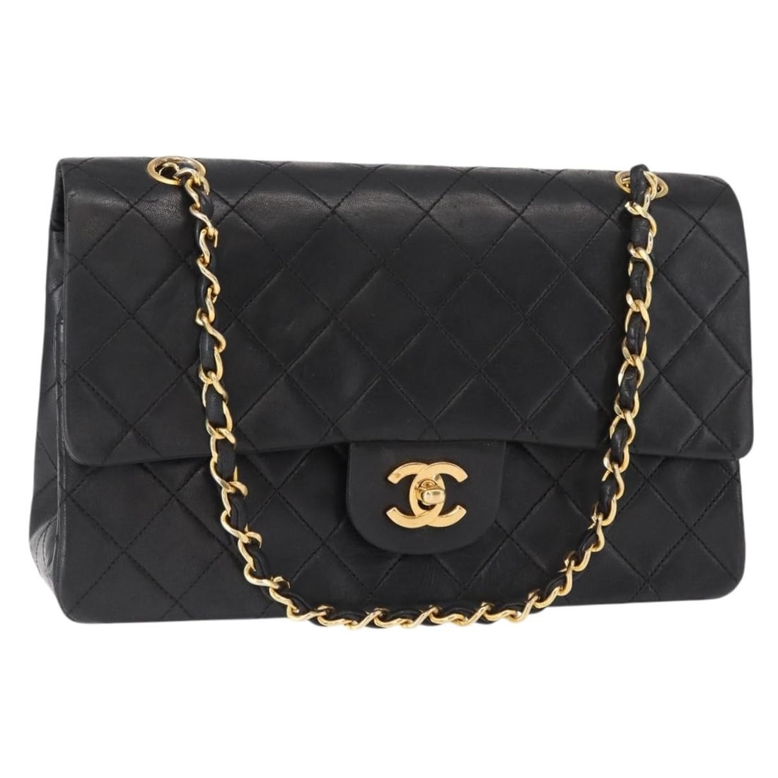 Chanel Matelasse 25 Black Lambskin Double Flap Shoulder Bag with Gold CC Chain: Chanel Matelasse 25 Black Lambskin Double Flap Shoulder Bag with Gold CC Chain This CHANEL Matelasse 25 Double Flap Chain Shoulder Bag is crafted from black lambskin leather with gold-tone CC turn-loc