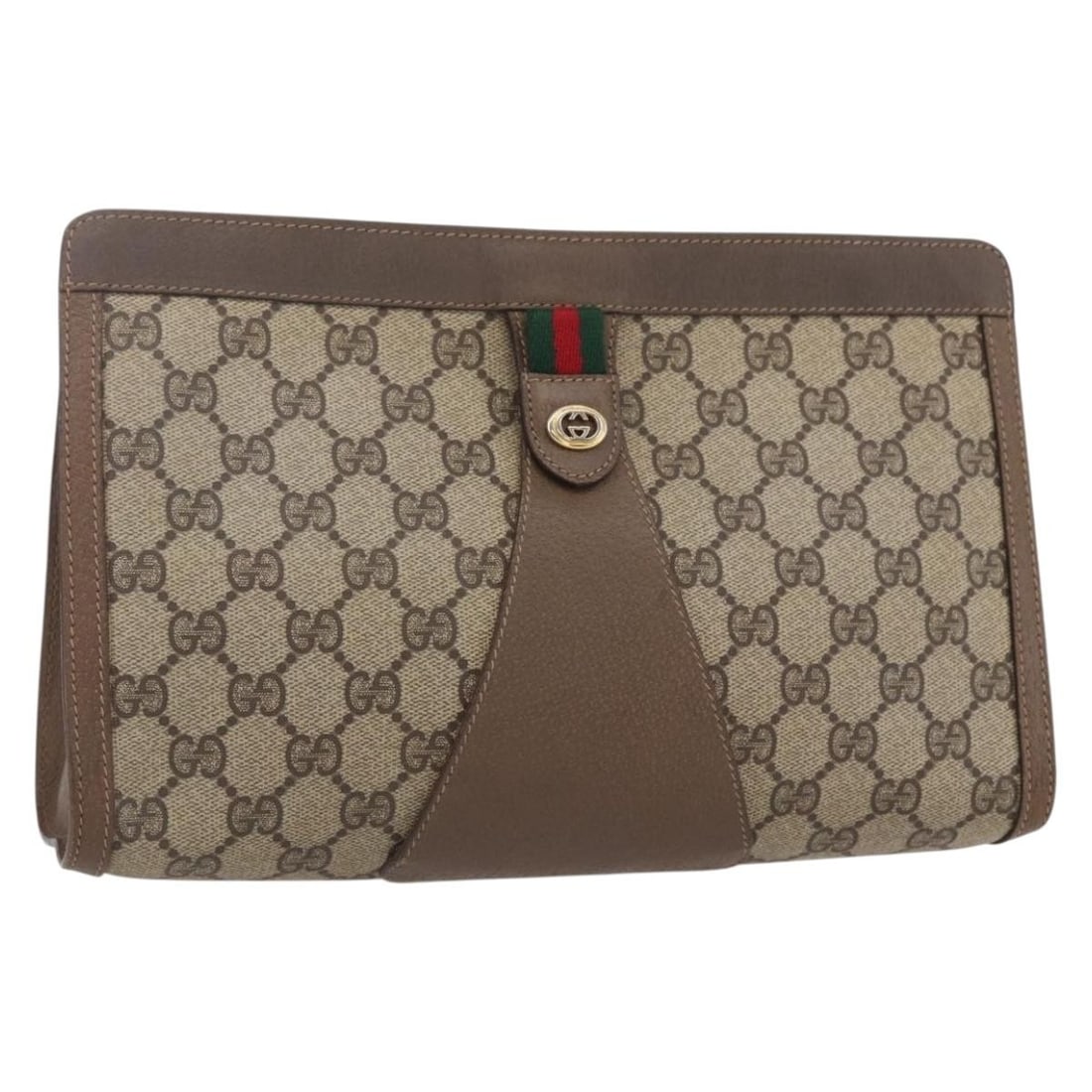 GUCCI GG Supreme Web Clutch Bag Red Beige PVC Auth 89 01 033: GUCCI GG Supreme Web Clutch Bag Red Beige PVC Auth 89 01 033 Elevate your style with this authentic GUCCI GG Supreme Web Sherry Line Clutch Bag. Crafted in Italy, this chic clutch features a vibrant r