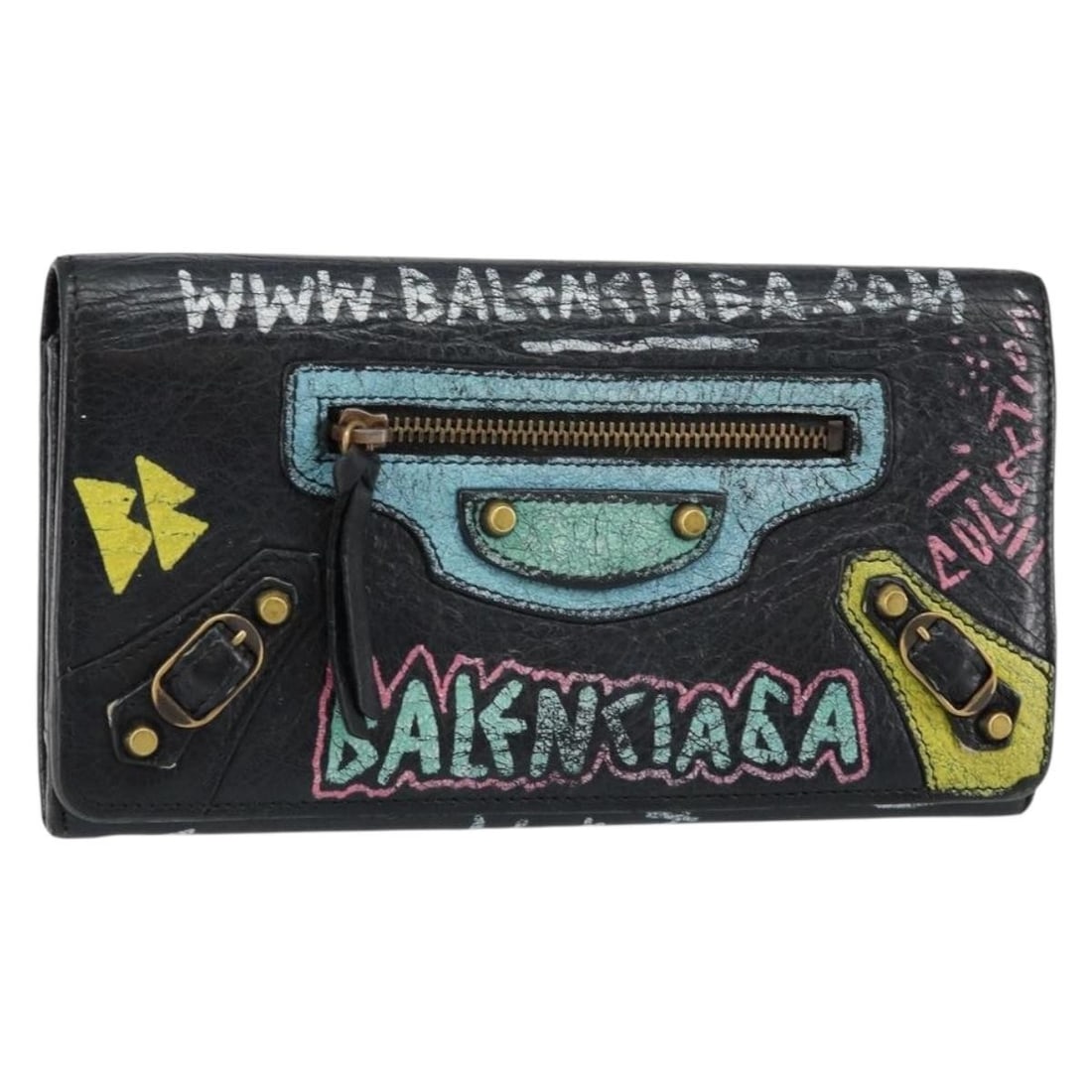 BALENCIAGA Continental Graffiti Wallet Leather Black Gold 164471 Auth: BALENCIAGA Continental Graffiti Wallet Leather Black Gold 164471 Auth Elevate your style with the BALENCIAGA Continental Graffiti Wallet, a sophisticated accessory crafted in Italy from high-quality l