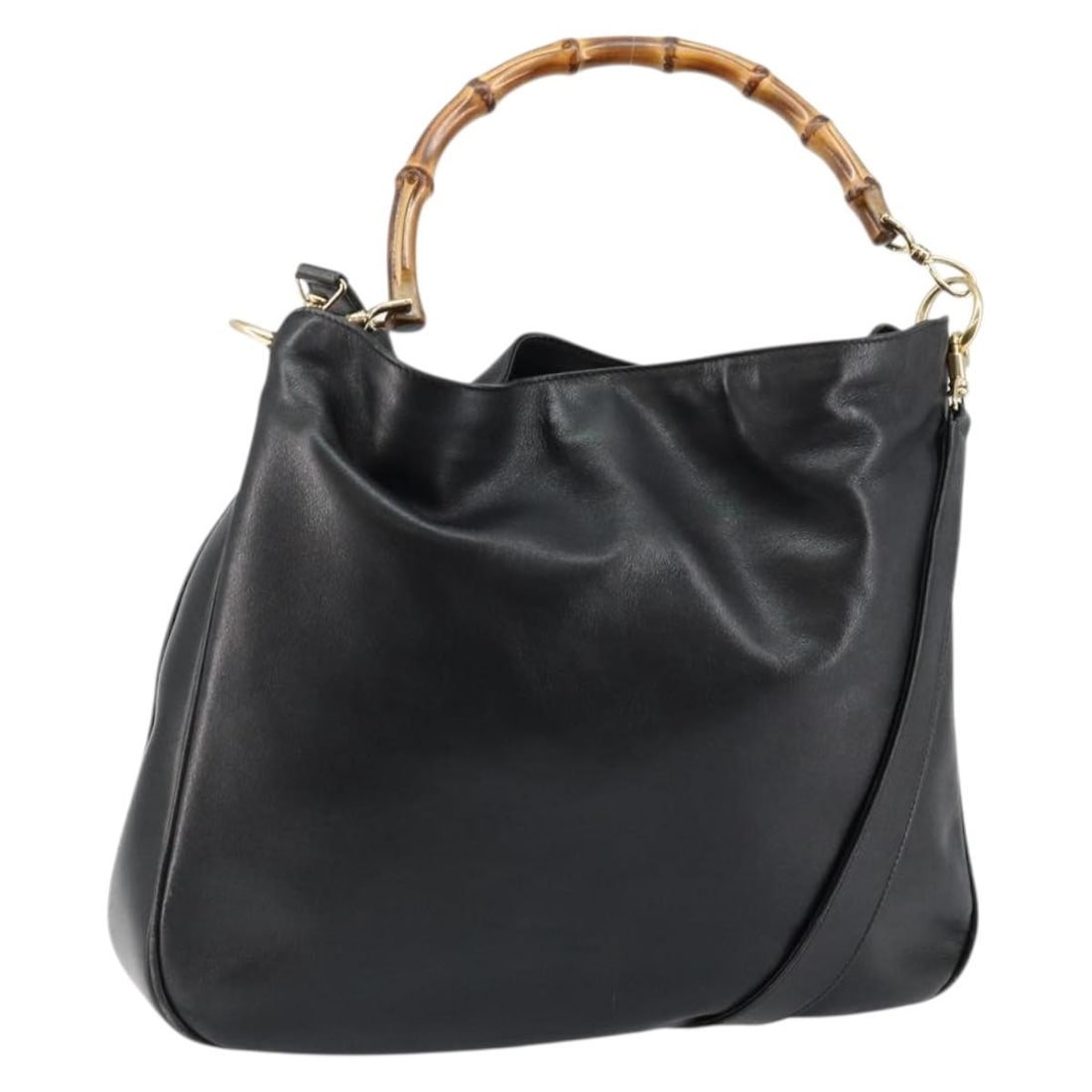 GUCCI Bamboo Hand Bag Leather Black Gold 2-way Auth 001 2058 1577 0 (1 of 18)