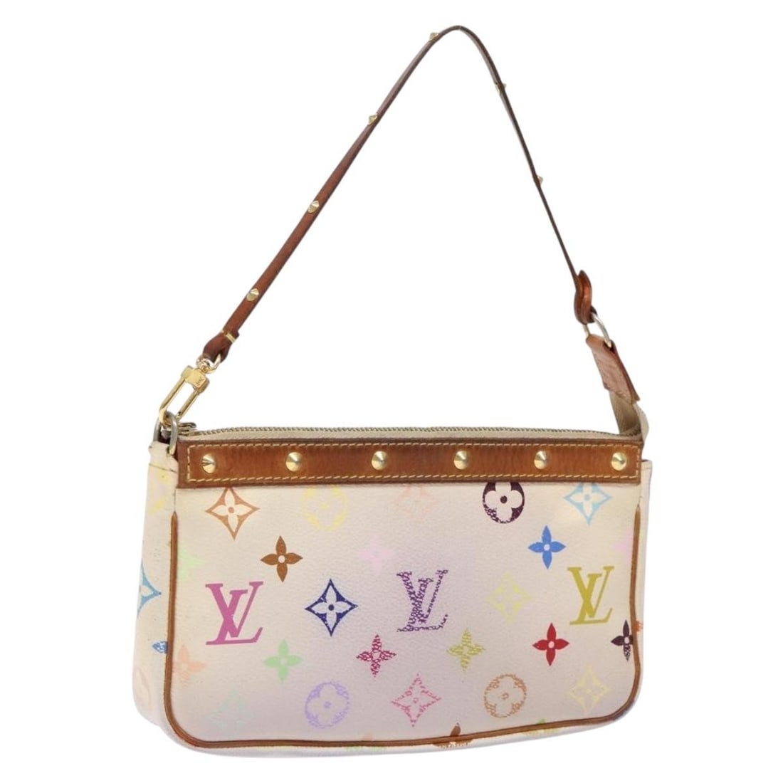 White Multicolor Canvas Pochette M92649 by Louis Vuitton: White Multicolor Canvas Pochette M92649 by Louis Vuitton This is a Louis Vuitton Monogram Multicolor Pochette Pouch in white, featuring the iconic multicolor canvas exterior. The bag is made in Spain