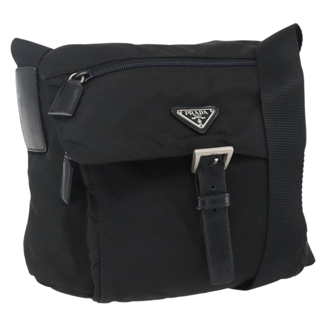 Nylon Black Shoulder Bag by Prada with Silver Details: Nylon Black Shoulder Bag by Prada with Silver Details This PRADA shoulder bag showcases a black nylon exterior with silver-tone detailing. Made in Italy, the bag features an adjustable shoulder strap