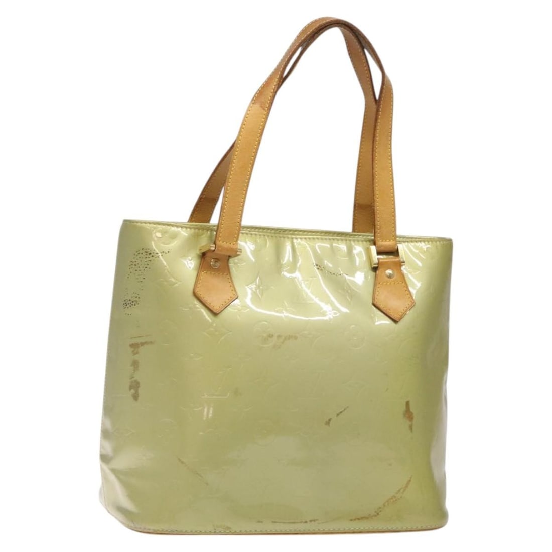 LOUIS VUITTON Monogram Vernis Houston Hand Bag Gris M91053: LOUIS VUITTON Monogram Vernis Houston Hand Bag Gris M91053 This stylish LOUIS VUITTON Monogram Vernis Houston Hand Bag in Gris showcases the brand's iconic patent leather craftsmanship. Measuring appr