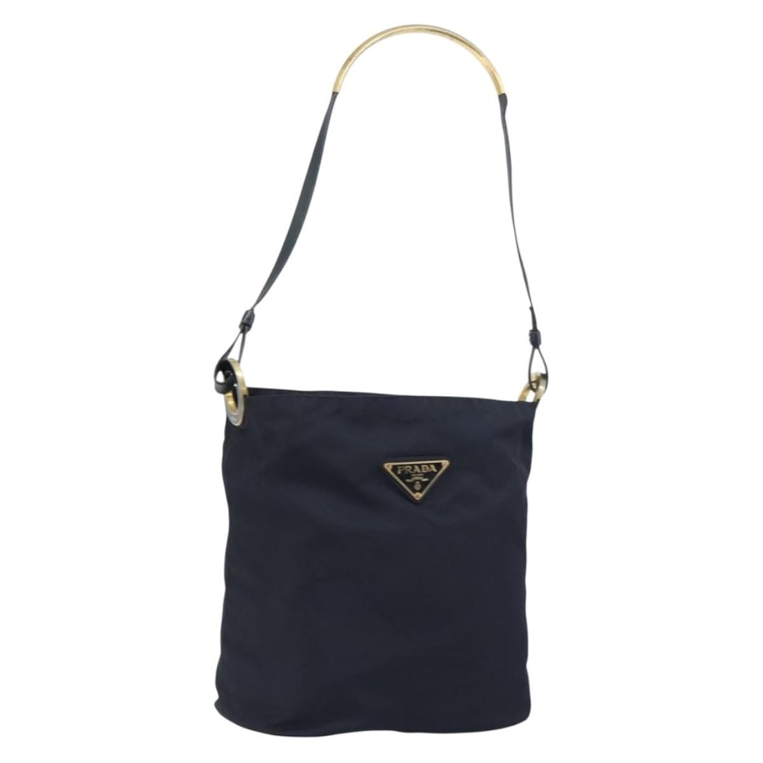 PRADA Navy Gold Nylon Shoulder Bag Auth 143666 Italy: PRADA Navy Gold Nylon Shoulder Bag Auth 143666 Italy Elevate your accessory game with this PRADA Shoulder Bag, crafted from durable nylon in a striking navy and gold color combination. This stylish ba
