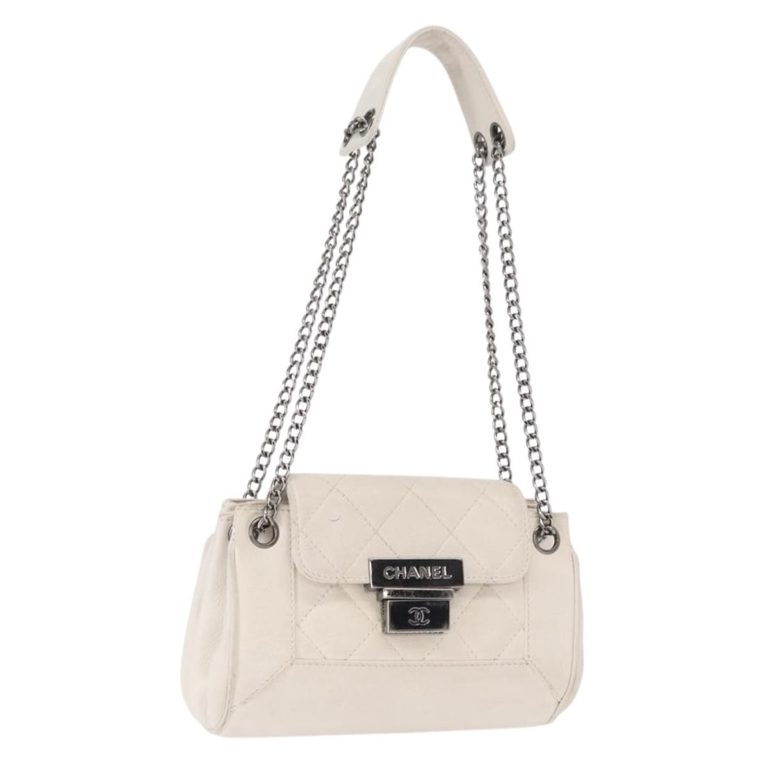 White Leather CHANEL CC Chain Shoulder Bag Silver Hardware Italy (1 of 18)