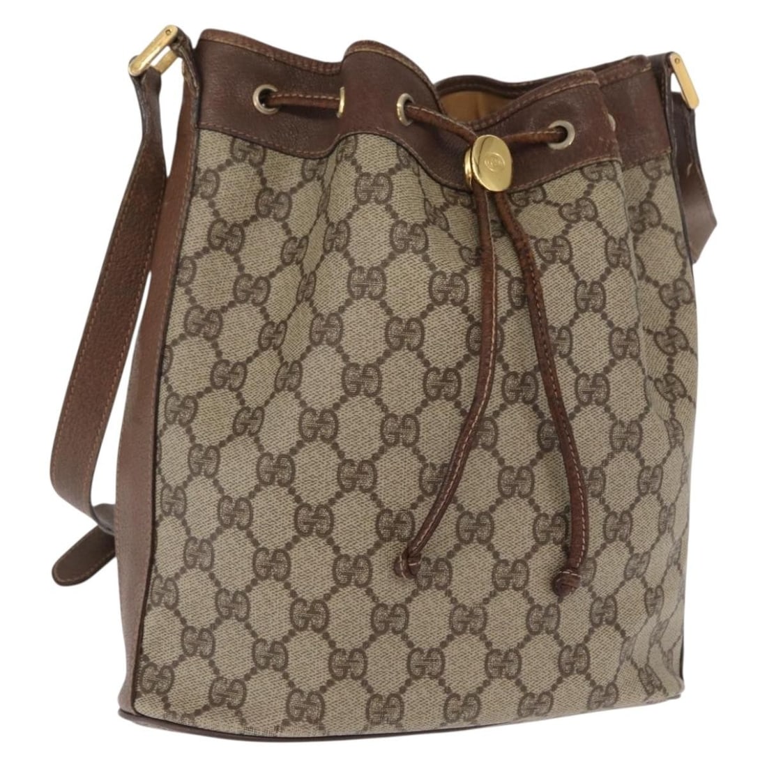 Beige and Gold GG Supreme Shoulder Bag by Gucci PVC Leather 001 115 6179: Beige and Gold GG Supreme Shoulder Bag by Gucci PVC Leather 001 115 6179 This is a GUCCI GG Supreme shoulder bag crafted from beige and gold PVC leather with GG canvas detailing. The bag features an a