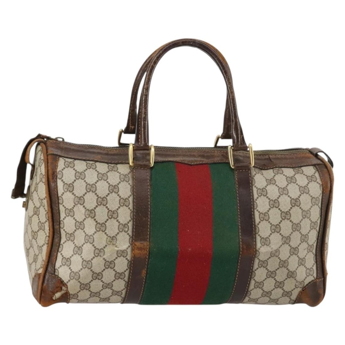 GUCCI GG Supreme Boston Bag PVC Beige Gold Red Made in Italy: GUCCI GG Supreme Boston Bag PVC Beige Gold Red Made in Italy This stylish GUCCI GG Supreme Web Sherry Line Boston Bag is crafted from durable PVC leather in a chic beige, gold, and red color palette.