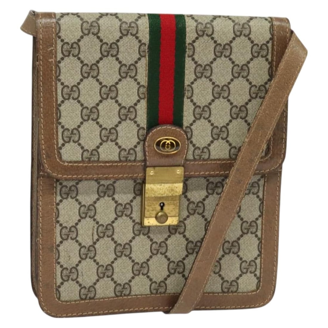 GUCCI GG Supreme Web Sherry Line Beige Gold Shoulder Bag PVC Italy: GUCCI GG Supreme Web Sherry Line Beige Gold Shoulder Bag PVC Italy Elevate your accessory collection with this authentic GUCCI GG Supreme Web Sherry Line Shoulder Bag, crafted from durable PVC leather