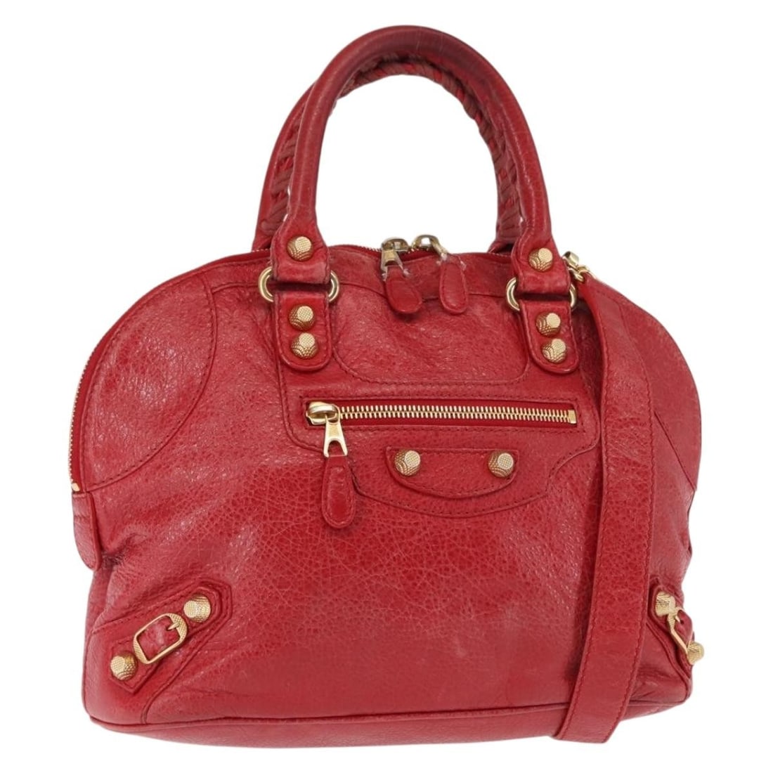 BALENCIAGA Classic Bowling Hand Bag Leather Red Gold Italy Auth 146366: BALENCIAGA Classic Bowling Hand Bag Leather Red Gold Italy Auth 146366 Introducing the Balenciaga Classic Bowling Hand Bag in a stunning red and gold color combination. This elegant handbag is crafted