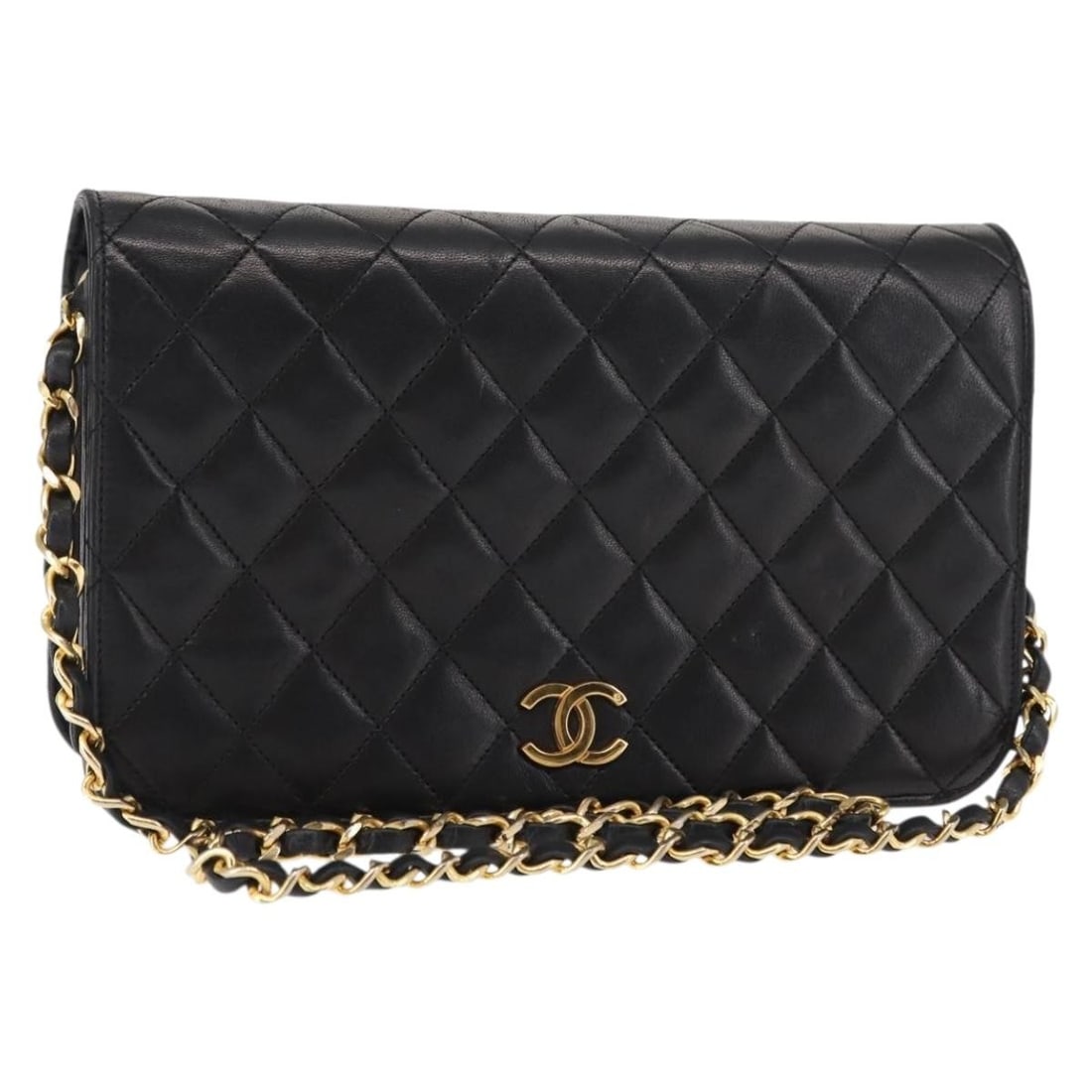 Chanel Black Lambskin Matelasse Shoulder Bag with Gold CC Chain: Chanel Black Lambskin Matelasse Shoulder Bag with Gold CC Chain This CHANEL Matelasse chain shoulder bag is crafted from black lambskin leather and features gold-tone accents with the signature CC emb
