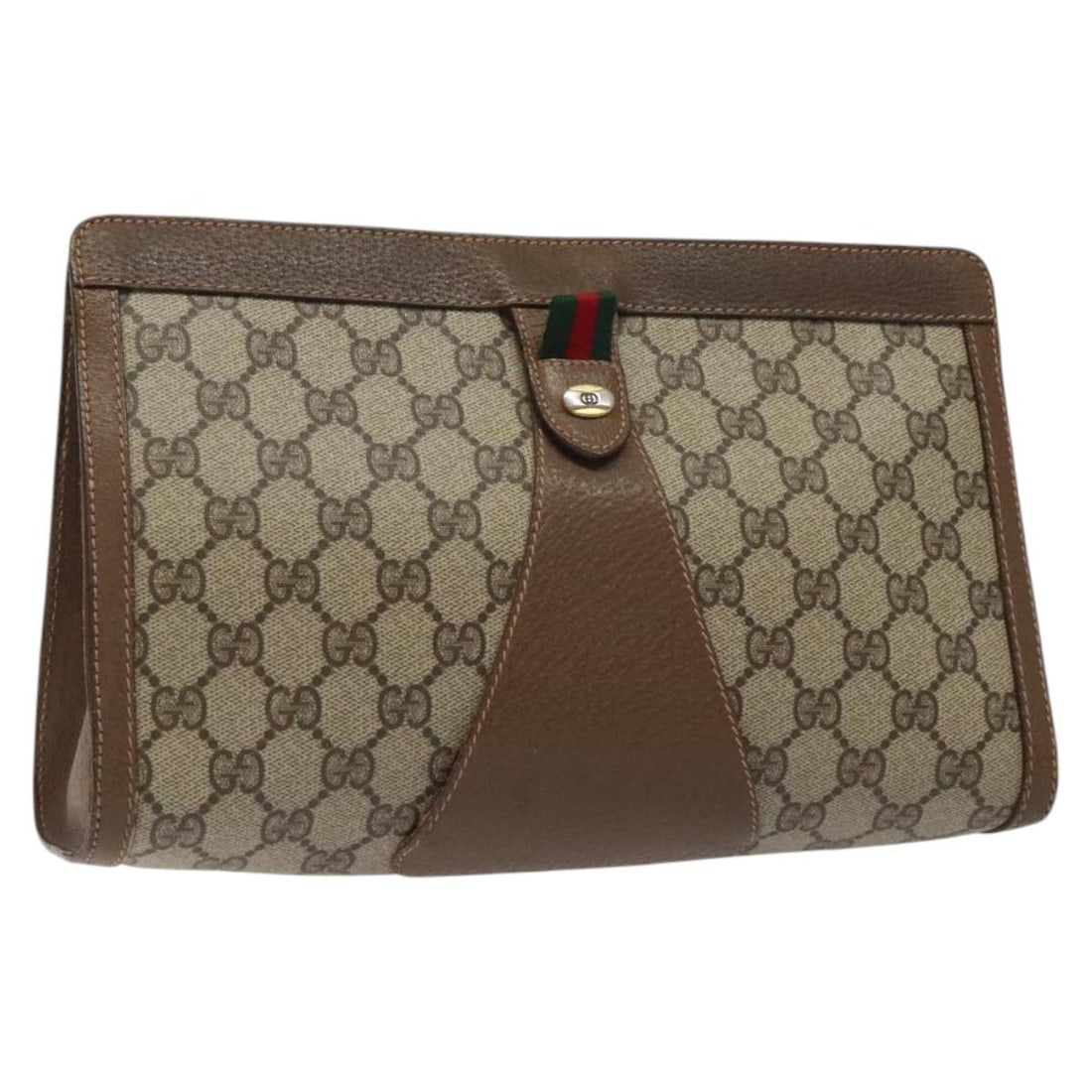GUCCI GG Supreme Sherry Line Clutch Bag Beige Gold PVC Auth 89 01 033: GUCCI GG Supreme Sherry Line Clutch Bag Beige Gold PVC Auth 89 01 033 This authentic GUCCI GG Supreme Web Sherry Line Clutch Bag is crafted from durable PVC leather and features a chic beige and gold