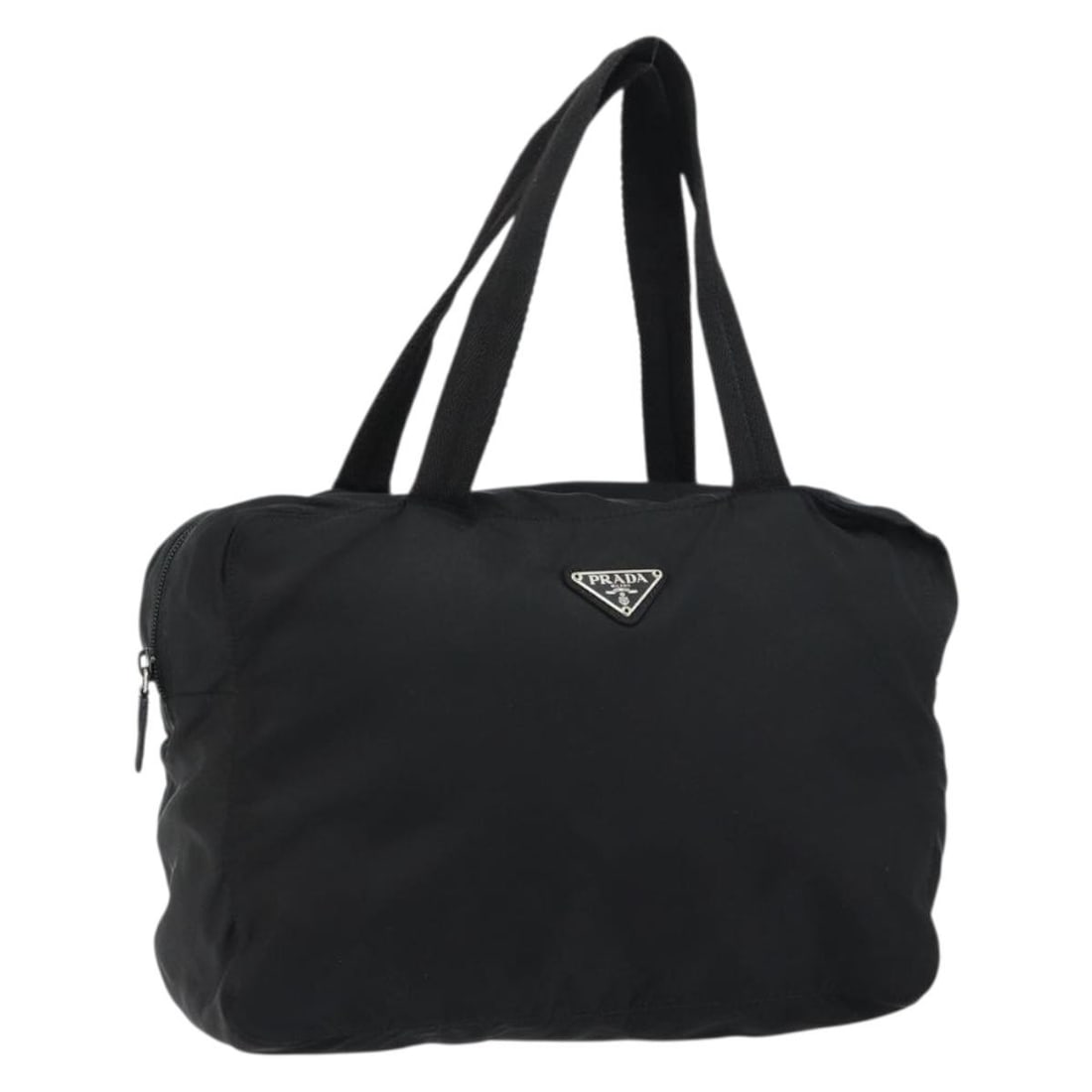 Black Nylon PRADA Tote with Silver Accents and Guarantee Card: Black Nylon PRADA Tote with Silver Accents and Guarantee Card This PRADA tote bag features a black nylon exterior with silver-tone accents. Made in Italy, the bag offers a spacious interior and comes