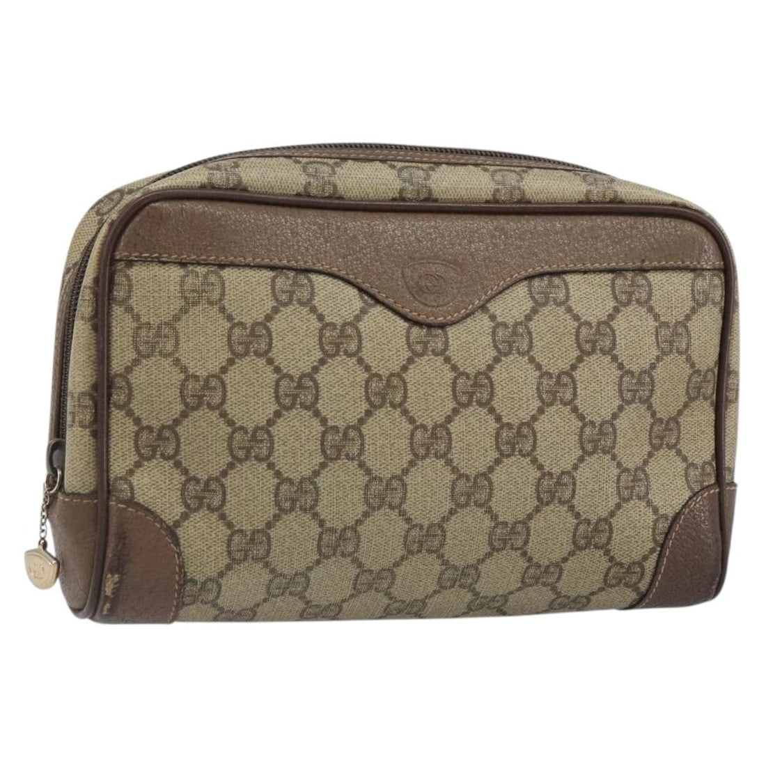Beige GG Supreme PVC Clutch by Gucci: Beige GG Supreme PVC Clutch by Gucci This GUCCI GG Supreme clutch bag features a beige PVC leather and GG canvas exterior, offering a stylish and practical design. The bag, made in Italy, has approxim