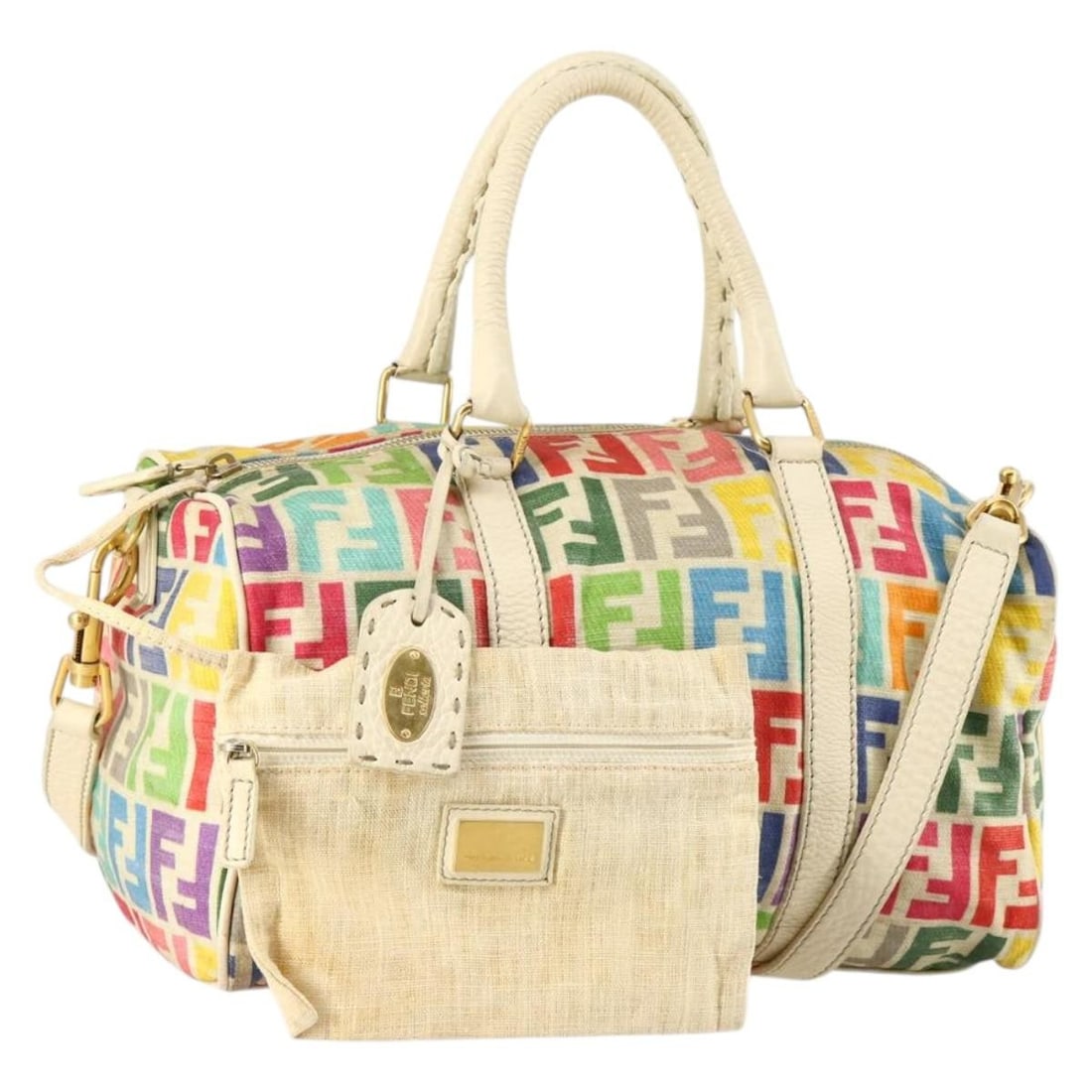 FENDI Zucca Canvas Multicolor Gold Boston Bag PVC Auth 141028: FENDI Zucca Canvas Multicolor Gold Boston Bag PVC Auth 141028 Discover the iconic FENDI Zucca Canvas Boston Bag, a stylish accessory that combines functionality with luxury. Crafted in Italy from dura