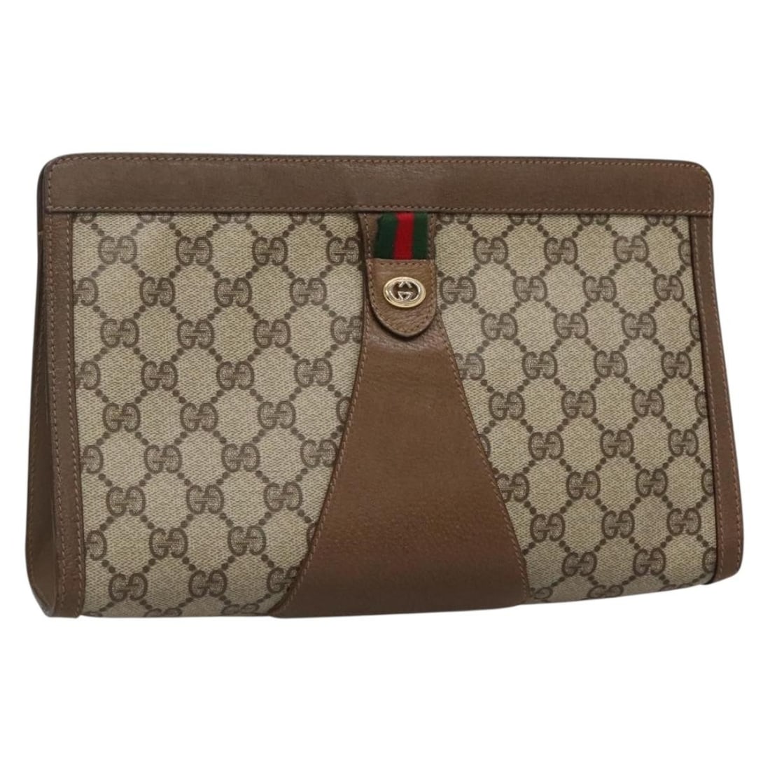 GUCCI GG Supreme Web Sherry Clutch Bag Beige Gold PVC Italy Auth BA4582: GUCCI GG Supreme Web Sherry Clutch Bag Beige Gold PVC Italy Auth BA4582 This authentic GUCCI GG Supreme Web Sherry Line Clutch Bag is crafted from durable PVC leather in a stylish beige and gold color
