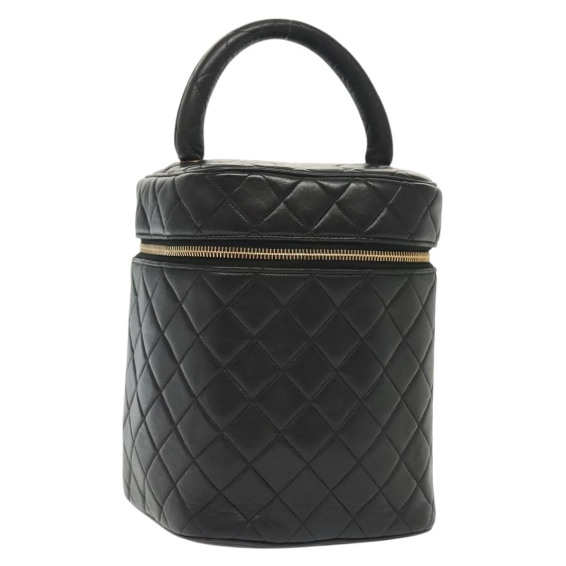 Chanel Black Lambskin Matelasse Vanity Pouch with Gold CC Accent: Chanel Black Lambskin Matelasse Vanity Pouch with Gold CC Accent This CHANEL Matelasse Vanity Pouch is crafted from black lambskin leather with gold-tone accents. The pouch features a classic quilted