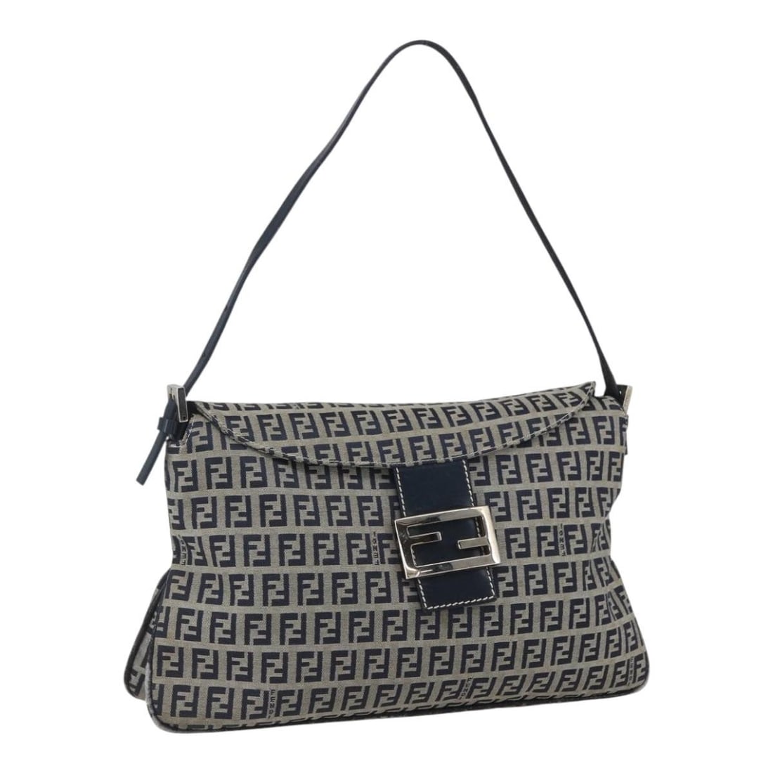 FENDI Zucchino Canvas Navy Silver Shoulder Bag Auth 159737 (1 of 18)