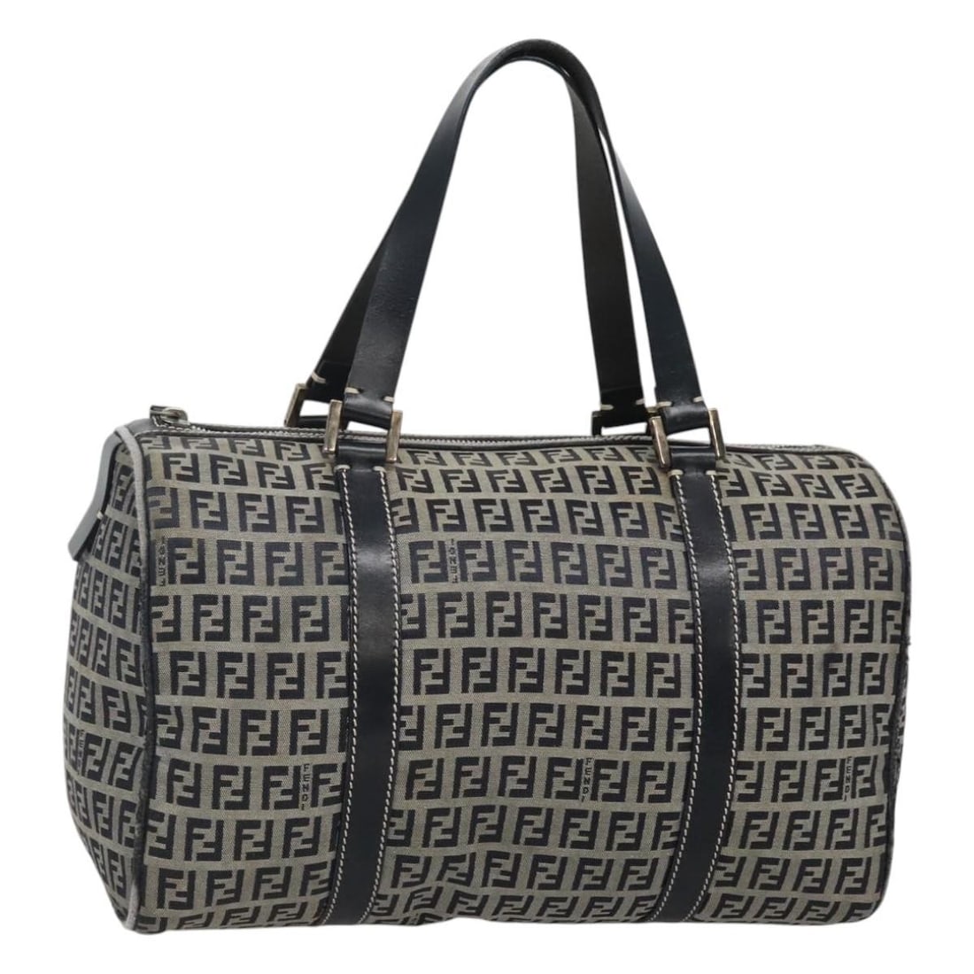 FENDI Navy Silver Zucchino Canvas Boston Bag Authentic: FENDI Navy Silver Zucchino Canvas Boston Bag Authentic This FENDI Zucchino Canvas Boston Bag showcases a sophisticated navy and silver color palette, making it a versatile addition to your accessory c