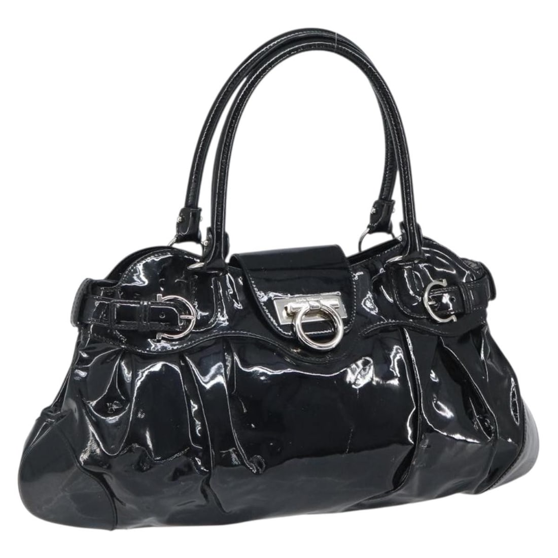 Black Patent Leather Gancini Handbag by Salvatore Ferragamo Silver Hardware: Black Patent Leather Gancini Handbag by Salvatore Ferragamo Silver Hardware This Salvatore Ferragamo Gancini handbag features a black patent leather exterior with silver-tone accents. Crafted in Italy