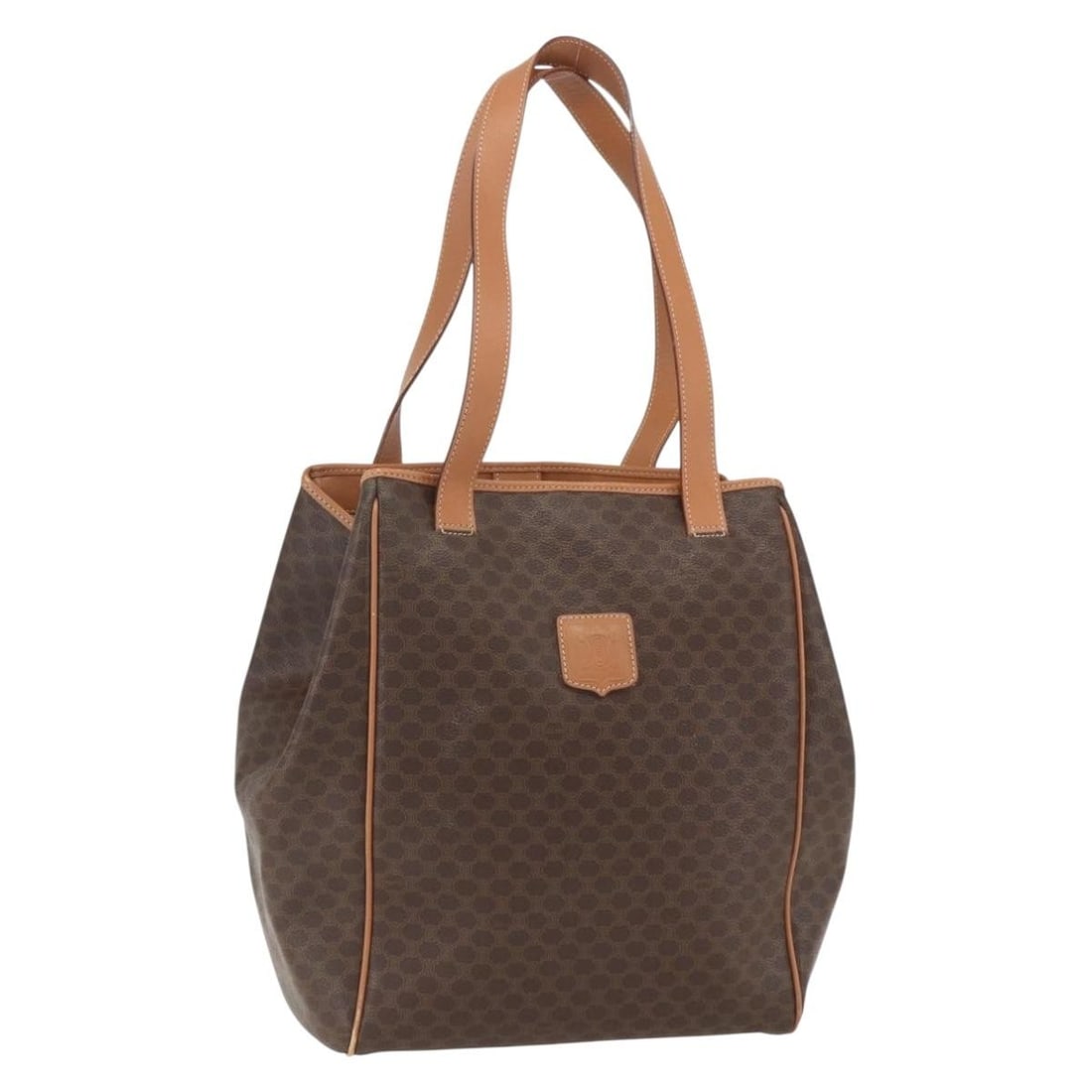 Celine Macadam Brown Gold PVC Leather Shoulder Bag Made in Italy: Celine Macadam Brown Gold PVC Leather Shoulder Bag Made in Italy This CELINE Macadam shoulder bag features a combination of PVC leather and signature Macadam canvas in brown and gold tones. The bag is