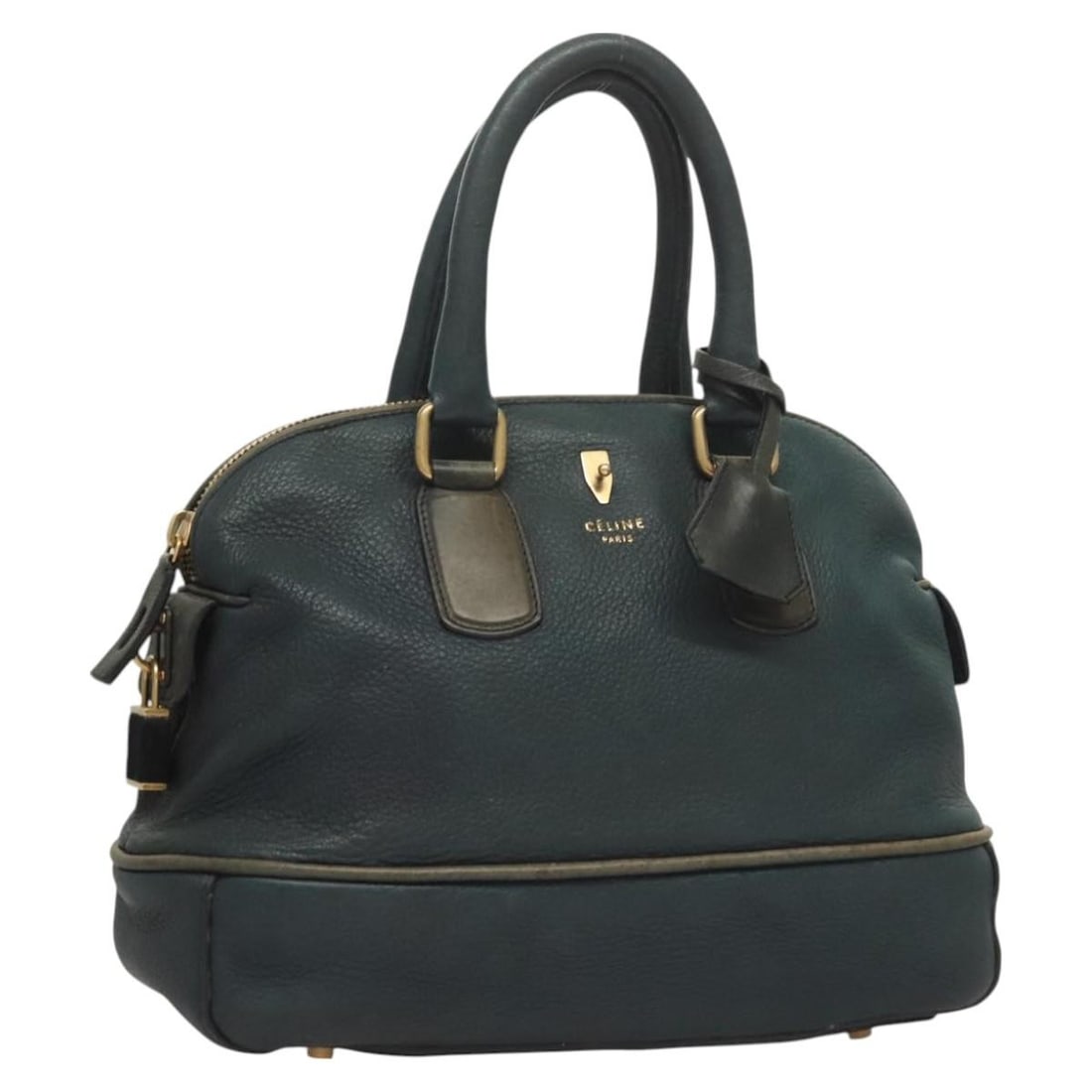 CELINE Navy Leather Bowling Hand Bag with Gold Hardware Authentic: CELINE Navy Leather Bowling Hand Bag with Gold Hardware Authentic This elegant CELINE Bowling Hand Bag is expertly crafted in Italy from high-quality leather, featuring a chic navy and gold color comb