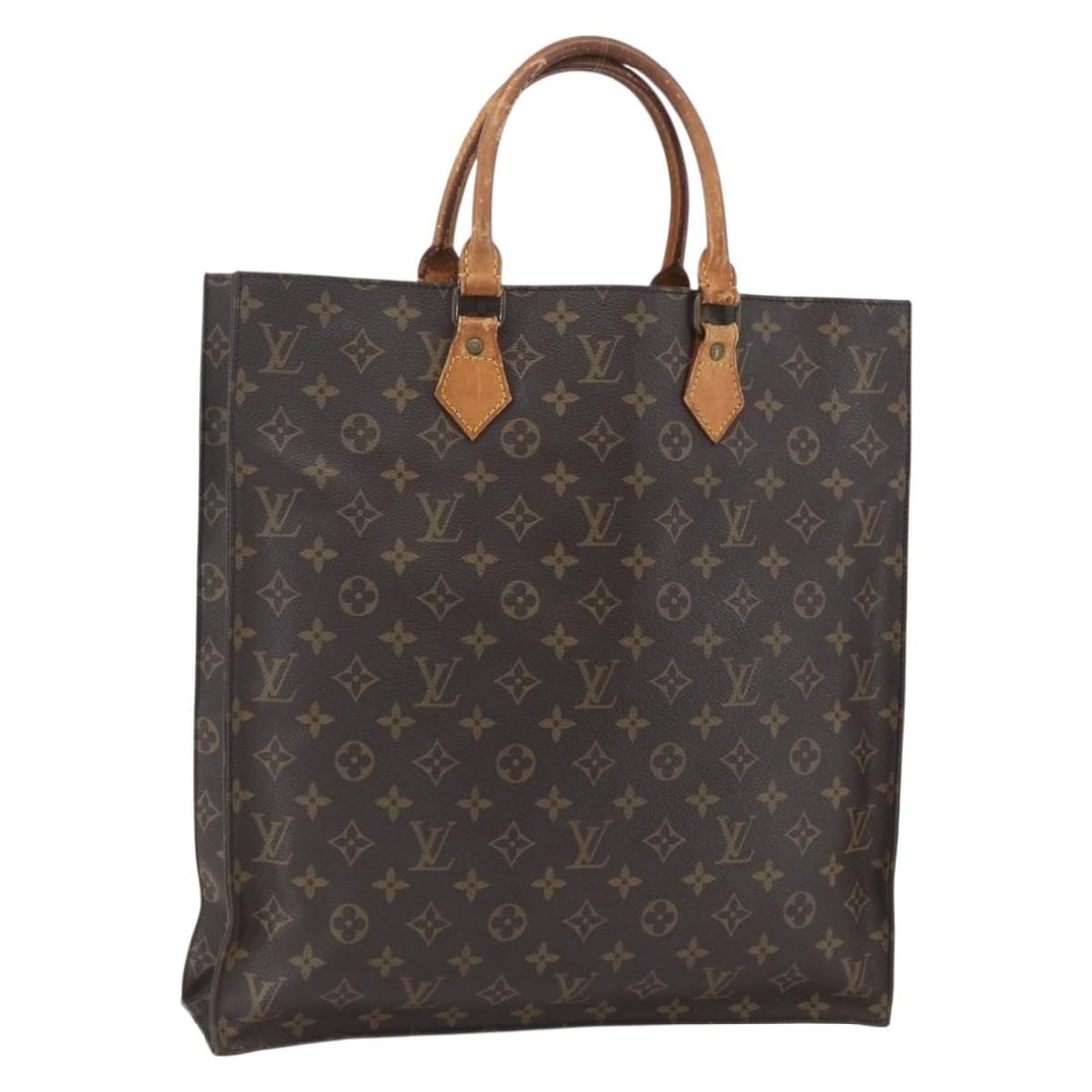 Louis Vuitton Sac Plat Monogram Canvas Handbag M51140 France: Louis Vuitton Sac Plat Monogram Canvas Handbag M51140 France This Louis Vuitton Sac Plat handbag features the iconic Monogram canvas and is crafted in France. The exterior shows signs of heavy use, in