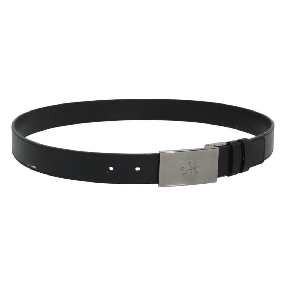 GUCCI Black Leather Belt 32.1-34.3in Silver Hardware Italy: GUCCI Black Leather Belt 32.1-34.3in Silver Hardware Italy This authentic GUCCI belt is crafted from premium leather in a classic black color, complemented by silver-tone hardware. Designed for versat