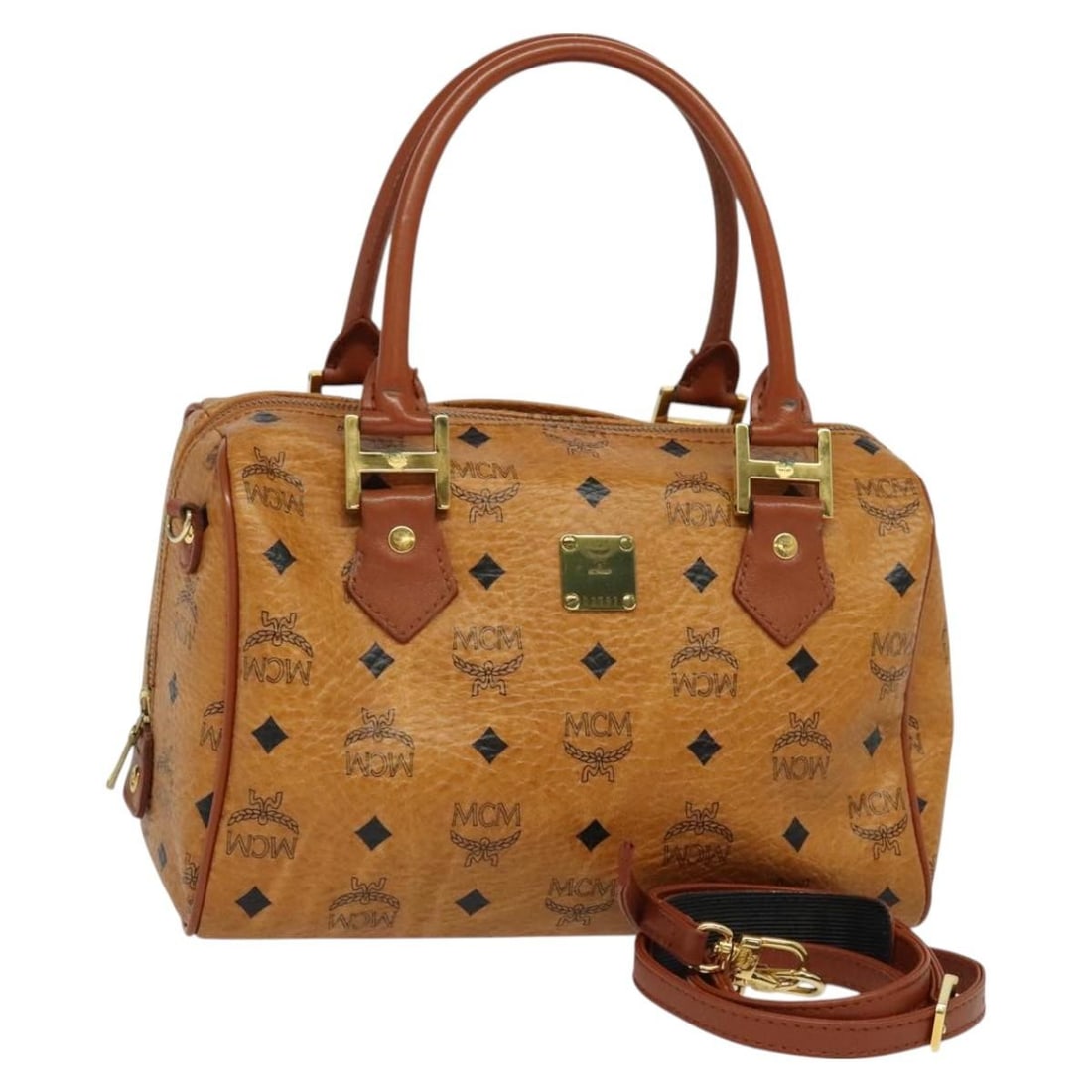 MCM Logogram Vicetos Brown Gold PVC Leather Hand Bag Auth (1 of 18)