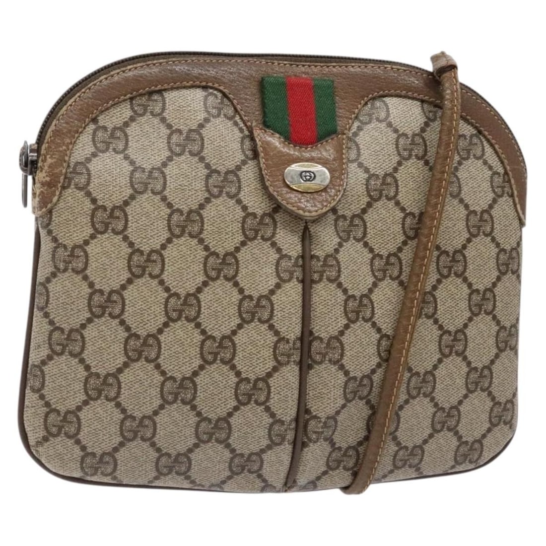 GUCCI GG Supreme Web Sherry Line Shoulder Bag Beige Gold PVC Auth 98 02 047: GUCCI GG Supreme Web Sherry Line Shoulder Bag Beige Gold PVC Auth 98 02 047 This GUCCI GG Supreme Web Sherry Line Bag is a stylish shoulder bag crafted from high-quality PVC leather in a sophisticated