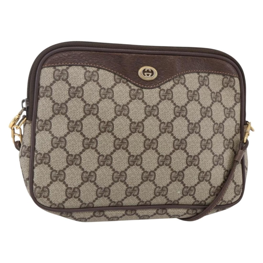 GUCCI GG Supreme Beige Gold Shoulder Bag PVC Auth 97 02 068: GUCCI GG Supreme Beige Gold Shoulder Bag PVC Auth 97 02 068 This authentic GUCCI GG Supreme Shoulder Bag is a stylish and functional accessory, crafted from durable PVC leather in a sophisticated beig