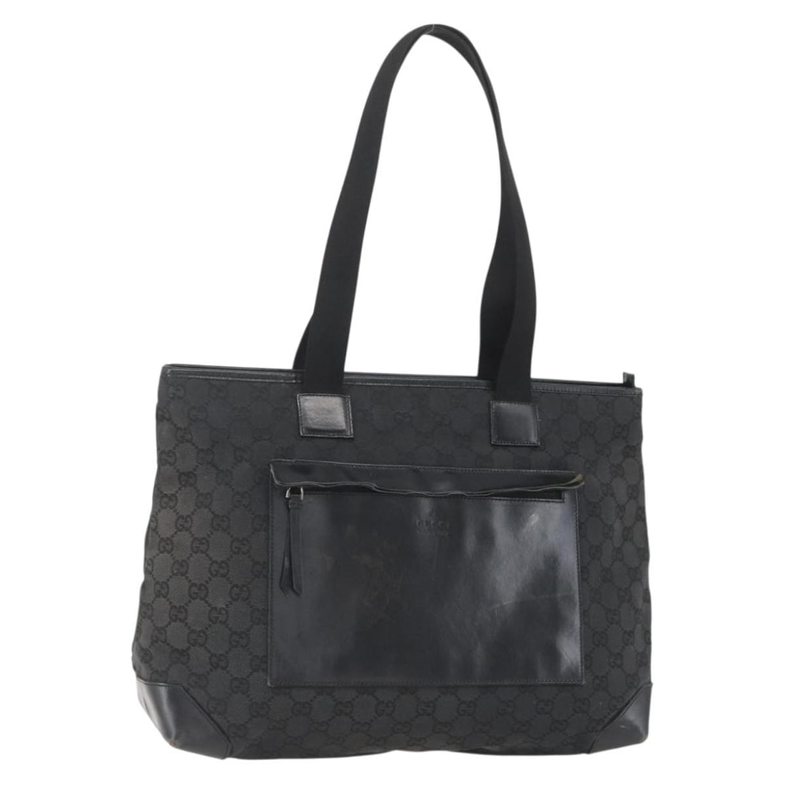 Black GG Canvas Tote by Gucci Model 019 0426 3444 Silver Accents: Black GG Canvas Tote by Gucci Model 019 0426 3444 Silver Accents This Gucci GG Canvas tote bag features a black and silver color scheme with the iconic GG canvas exterior. The bag is heavily used, sho