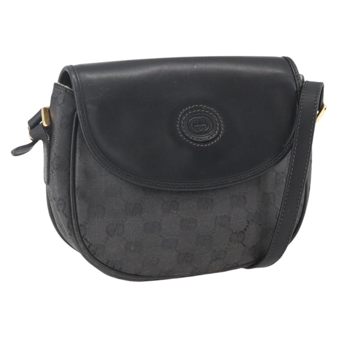 Black GG Supreme Shoulder Bag by Gucci in Coated Canvas Gold Accents 007 14 0074: Black GG Supreme Shoulder Bag by Gucci in Coated Canvas Gold Accents 007 14 0074 This GUCCI GG Supreme shoulder bag is crafted from coated canvas in black and gold tones. It features a compact design