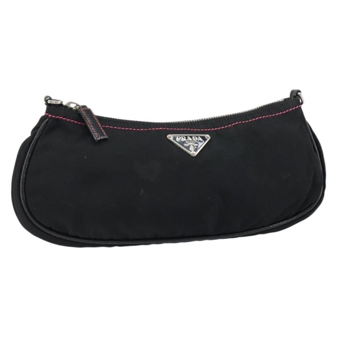 Black Nylon Accessory Pouch by PRADA Silver Tone Detailing: Black Nylon Accessory Pouch by PRADA Silver Tone Detailing This PRADA accessory pouch is crafted from black nylon with silver-tone accents. Made in Italy, it features a compact design suitable for car