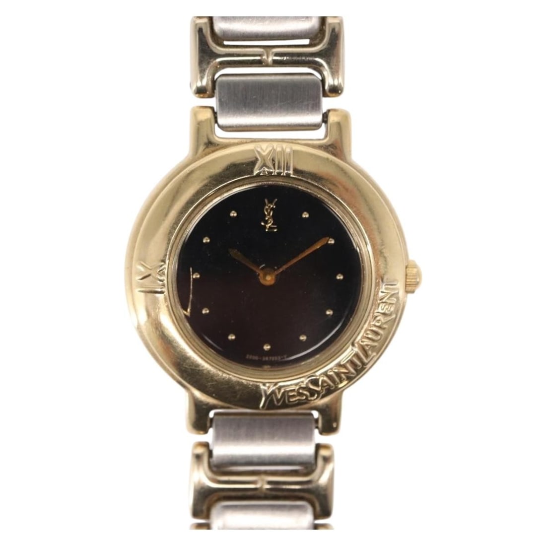 Silver and Gold SAINT LAURENT 229789Y Metal Wristwatch: Silver and Gold SAINT LAURENT 229789Y Metal Wristwatch This SAINT LAURENT wristwatch features a silver and gold-tone metal case and band. Manufactured in Japan, it showcases a square case design. The