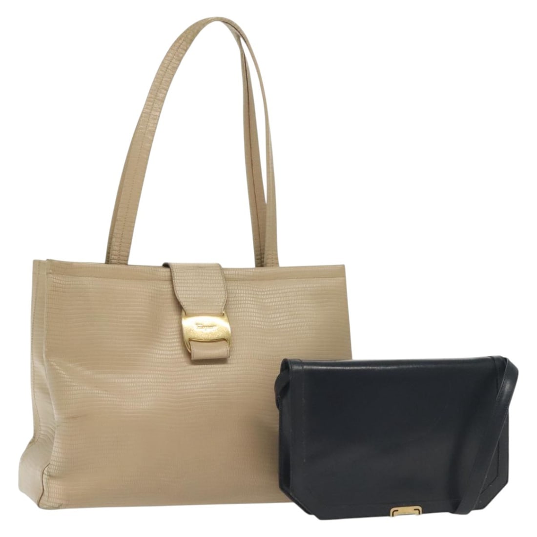 Salvatore Ferragamo Leather Hand Bag Set Beige Navy Gold Auth BA4283 (1 of 18)